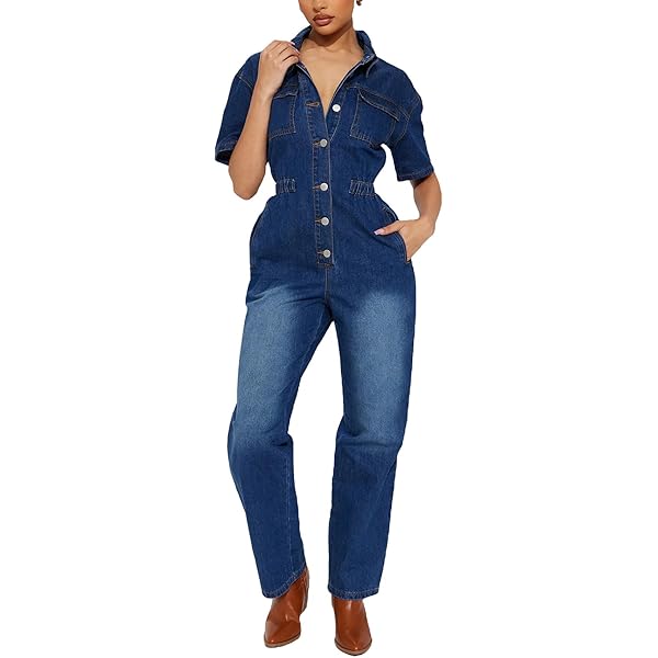 【なあ】BACK OPEN DENIM ALL IN ONE Womens Denim Jumpsuit Overalls Zip Front Collared all in one